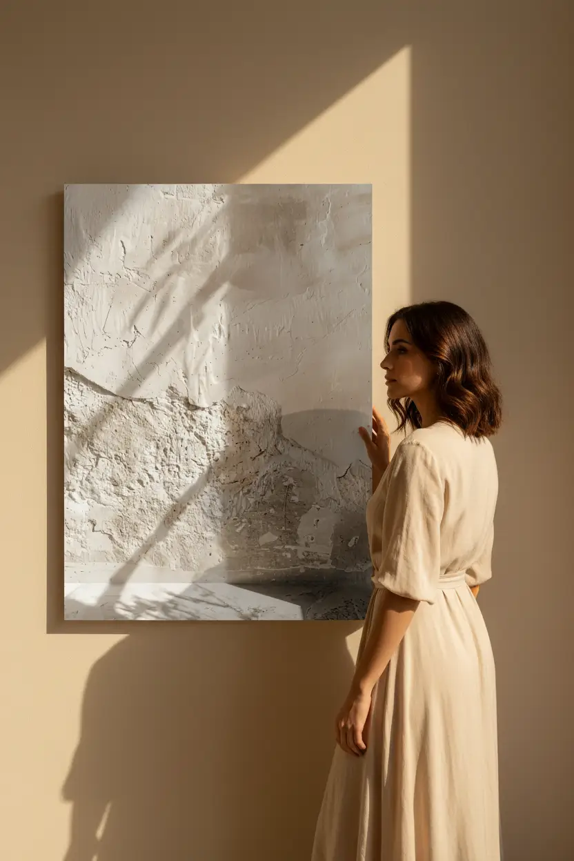 La Lumière sur l'Enduit — Affiche murale minimaliste sable minéral, affiche murale minimaliste avec cadre bois, décoration murale salon ou chambre, style méditerranéen