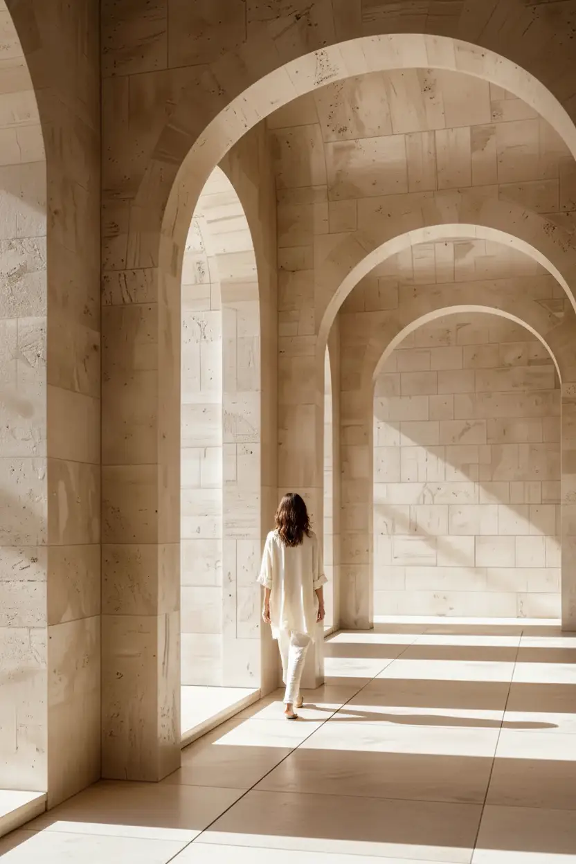 De Steenportiek — Minimalistische beige architectuur muuraffiche  