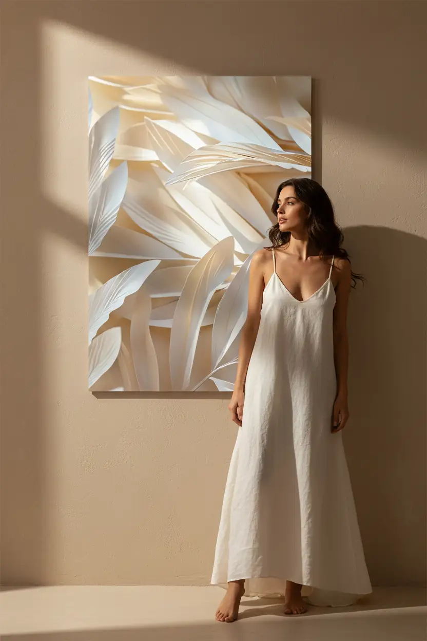 L’Envol Ivoire — Affiche murale minimaliste ivoire blanc végétal aérien, affiche murale minimaliste avec cadre bois, décoration murale salon ou chambre, style méditerranéen