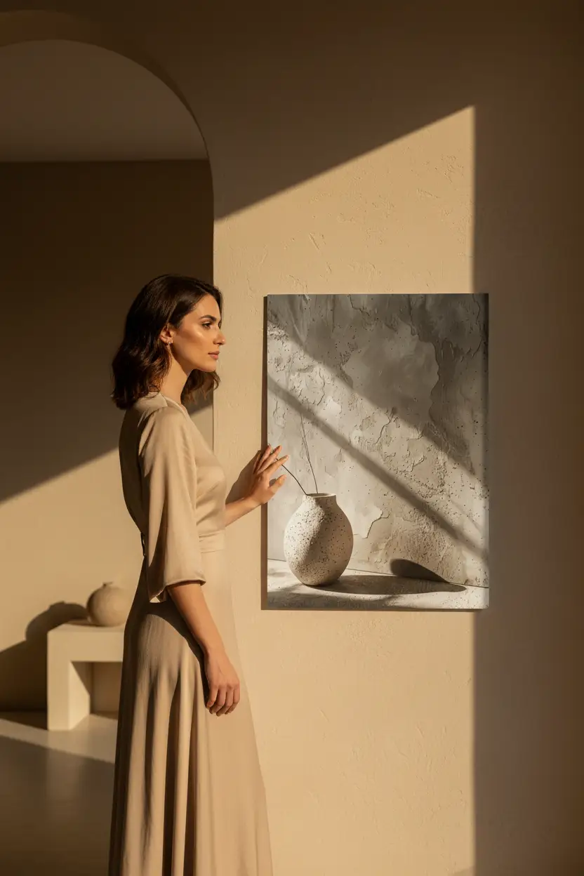 L'Ombre du Vase — Affiche murale minimaliste sable minéral, affiche murale minimaliste avec cadre bois, décoration murale salon ou chambre, style méditerranéen