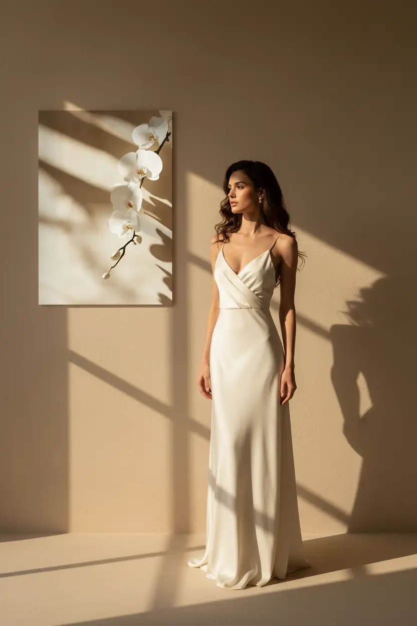 Die Orchidee und der Schatten – Minimalistisches Wandbild Elfenbein Blume