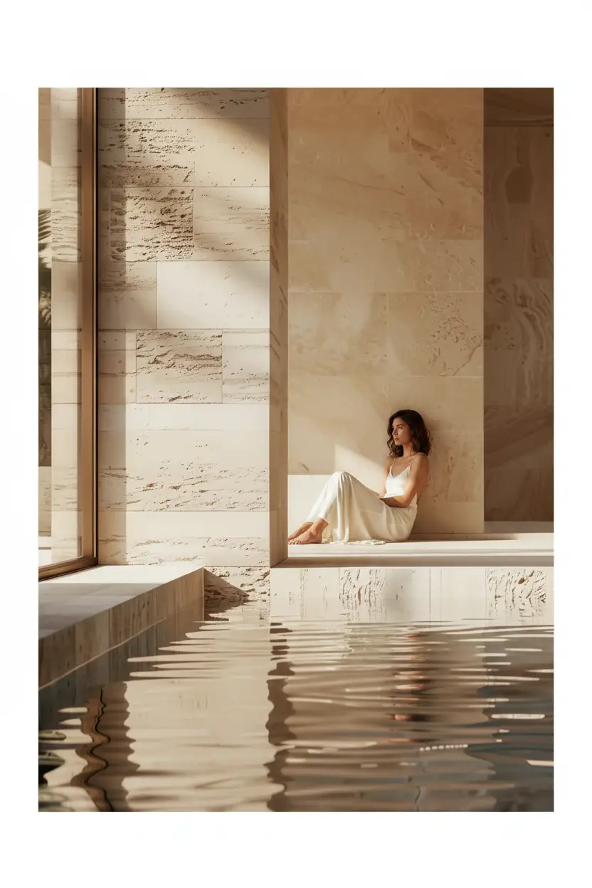 Le Bain de Travertin — Affiche murale minimaliste sable architecture, affiche murale minimaliste avec cadre bois, décoration murale salon ou chambre, style méditerranéen