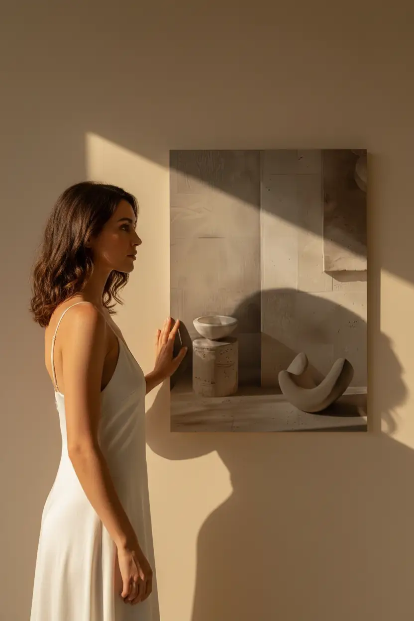 L'Offrande de Pierre — Affiche murale minimaliste sable minéral, affiche murale minimaliste avec cadre bois, décoration murale salon ou chambre, style méditerranéen