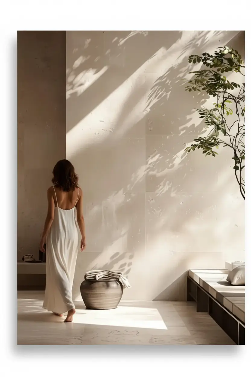 L'Ombre du Feuillage — Affiche murale minimaliste ivoire végétal, affiche murale minimaliste avec cadre bois, décoration murale salon ou chambre, style méditerranéen