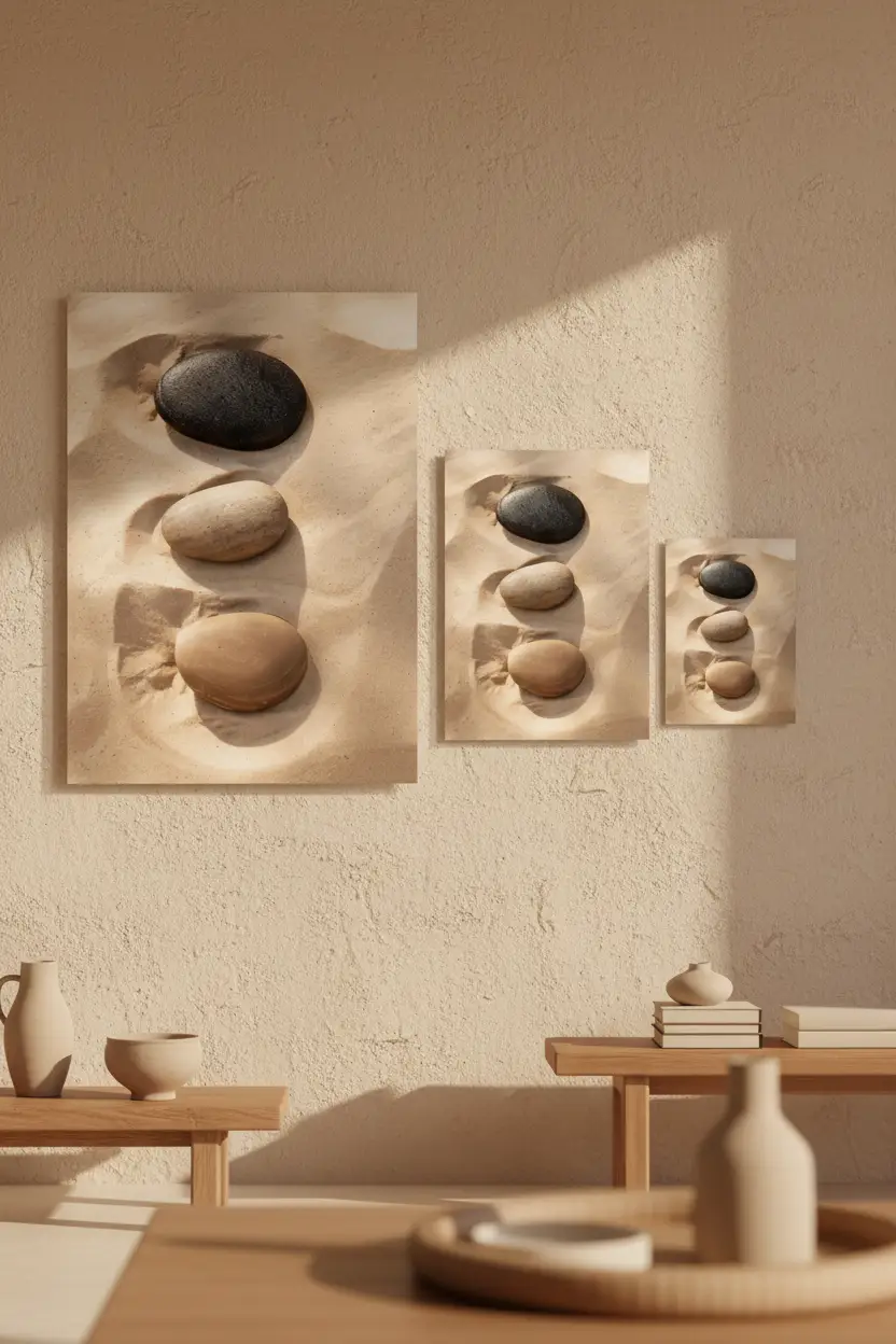 Trois Silences — Affiche murale minimaliste galet noir beige sable — affiche murale minimaliste | Cassili-home