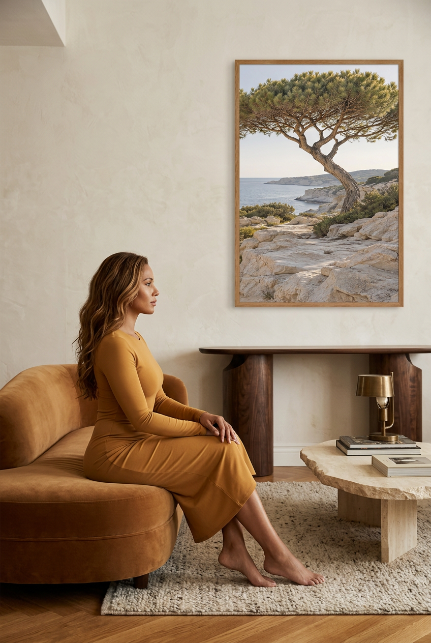 Le Pin Penché — affiche au mur d'un salon, avec une silhouette pour l'échelle