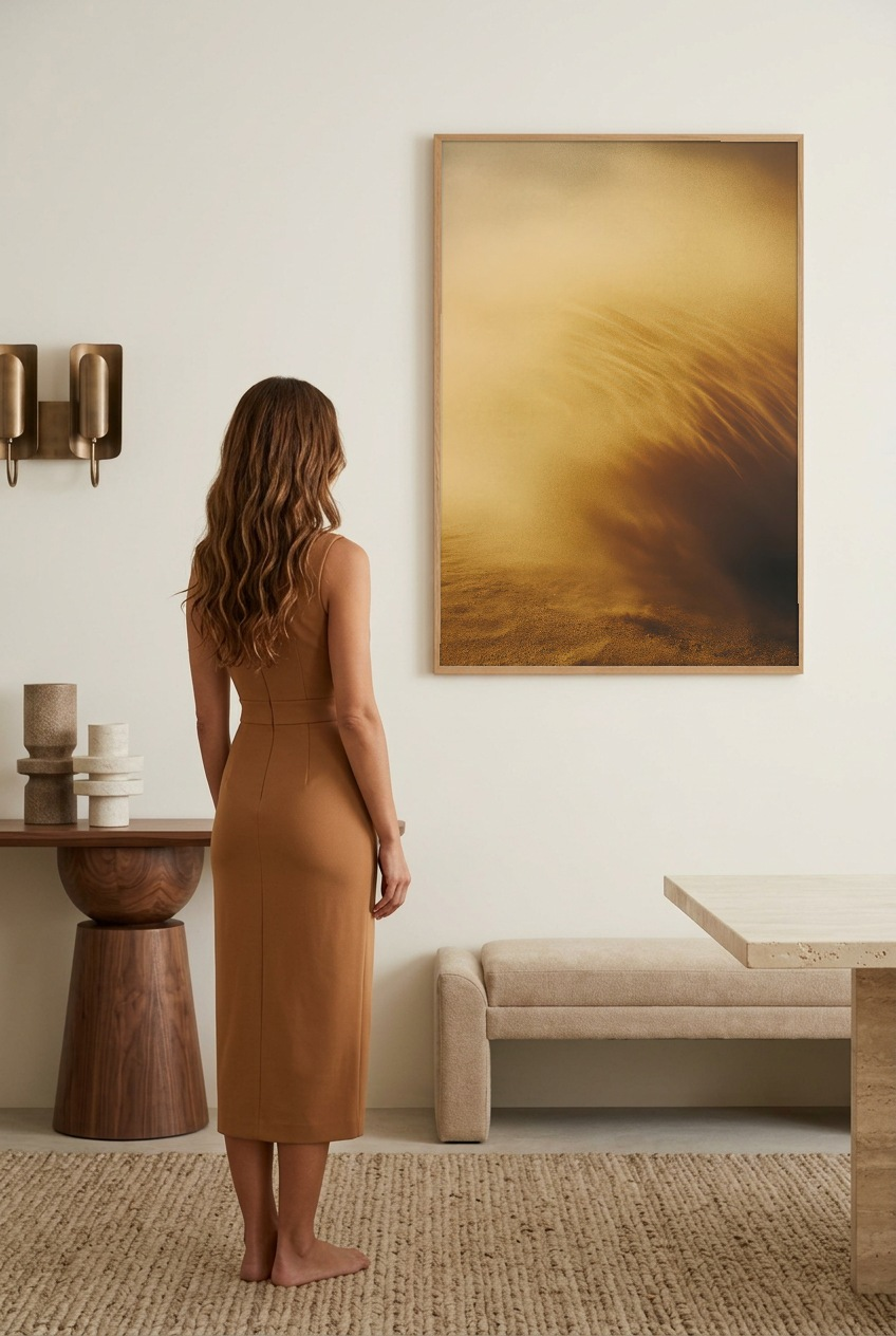Le Souffle du Désert — woman in front of the poster in an oak frame