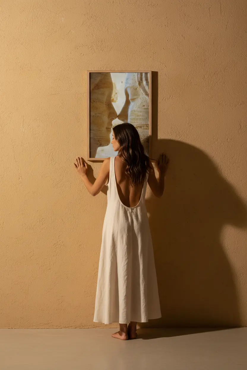 Le Souffle — Affiche murale minimaliste ocre ivoire deux visages face à face pierre — affiche murale minimaliste | Cassili-home