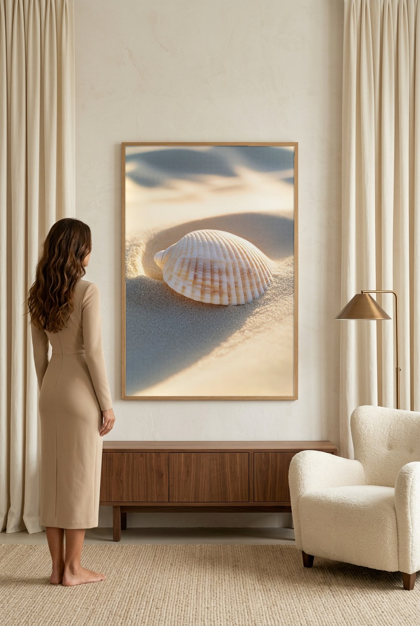 L’Oubliée — woman in front of the poster in an oak frame