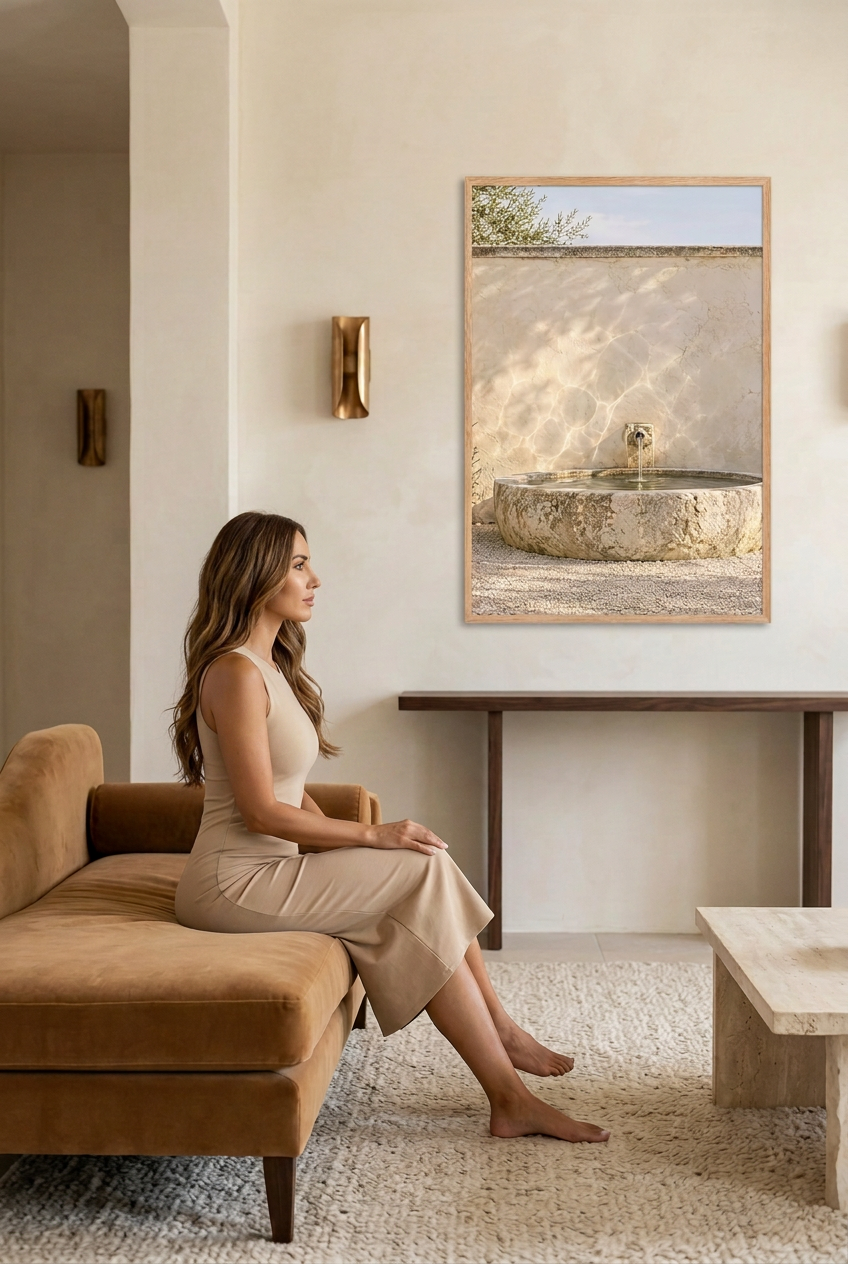 The Stone Spring — poster on a living room wall, with a person for scale