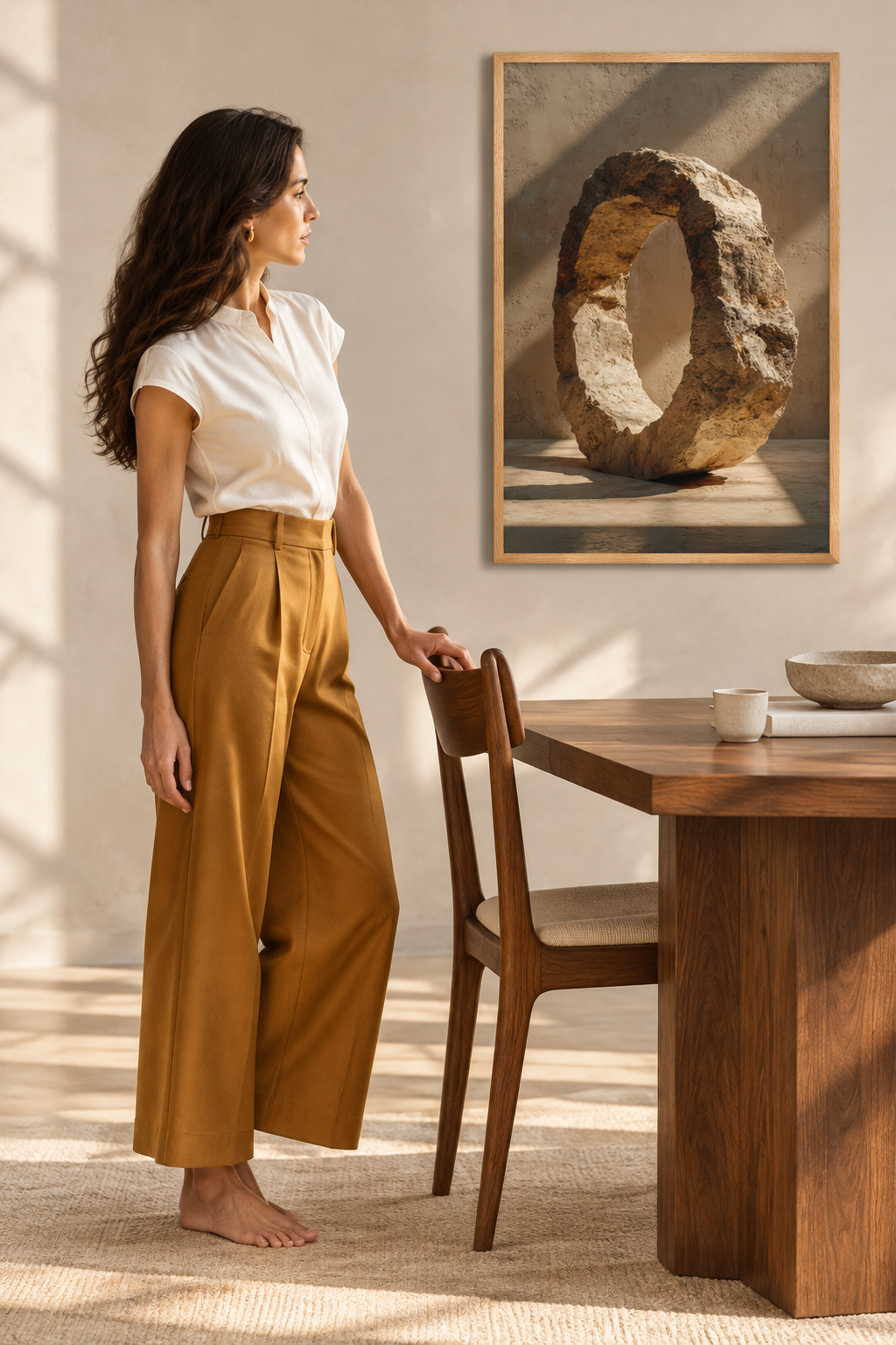 The Pierced Monolith — Égérie Cassili standing by a table beside it