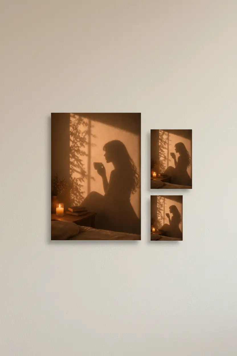 La Tasse du Soir — Affiche murale minimaliste silhouette féminine lumière dorée, affiche murale minimaliste avec cadre bois, décoration murale salon ou chambre, style méditerranéen