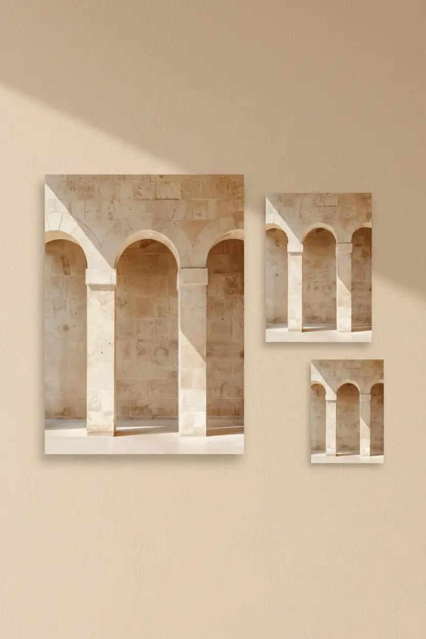 Les Trois Arches — Affiche murale minimaliste arches romanes pierre calcaire beige, affiche murale minimaliste avec cadre bois, décoration murale salon ou chambre, style méditerranéen