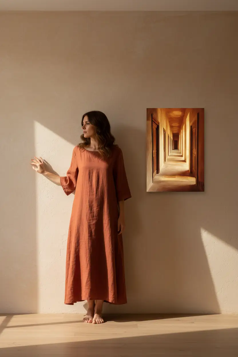 Le Couloir — Affiche murale minimaliste terracotta sable portes bois perspective — affiche murale minimaliste | Cassili-home