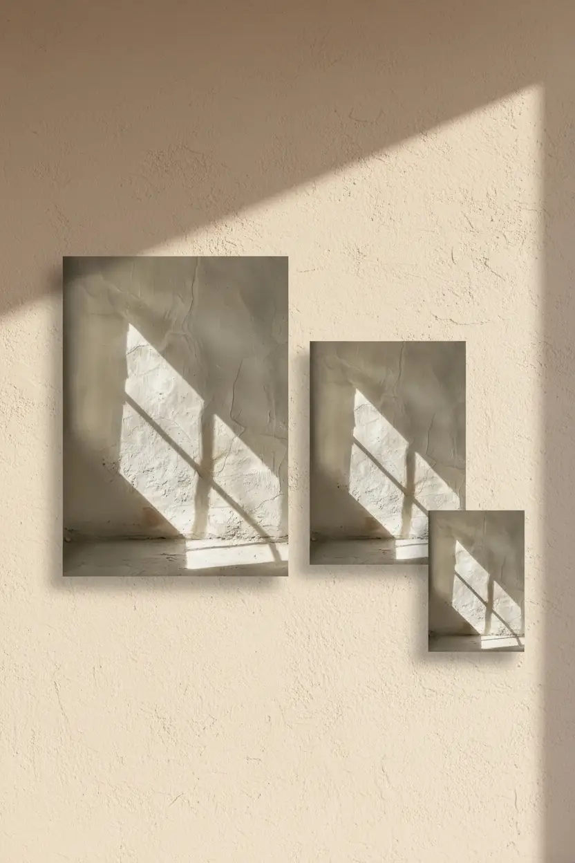 L'Ombre Diagonale — Affiche murale minimaliste ombre fenêtre mur enduit sable, affiche murale minimaliste avec cadre bois, décoration murale salon ou chambre, style méditerranéen