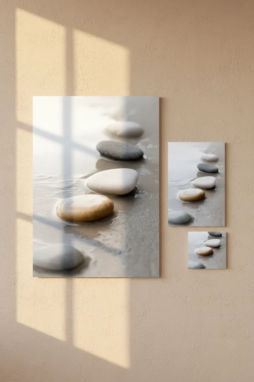 Laissés par la Vague — Affiche murale minimaliste galet blanc gris beige — affiche murale minimaliste | Cassili-home