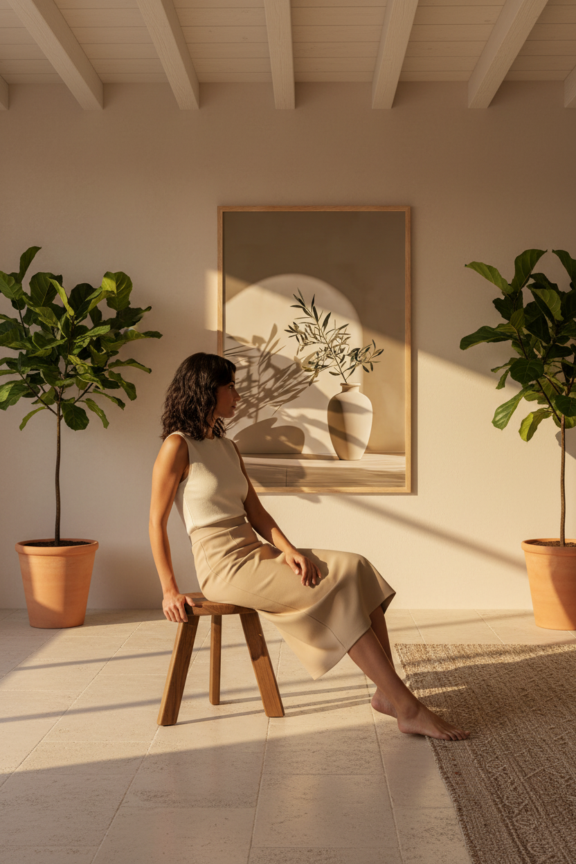 Affiche Le Rameau devant l'Arche en grand format dans un intérieur méditerranéen baigné de soleil — vase d'argile ivoire et rameaux d'olivier devant une arche pâle