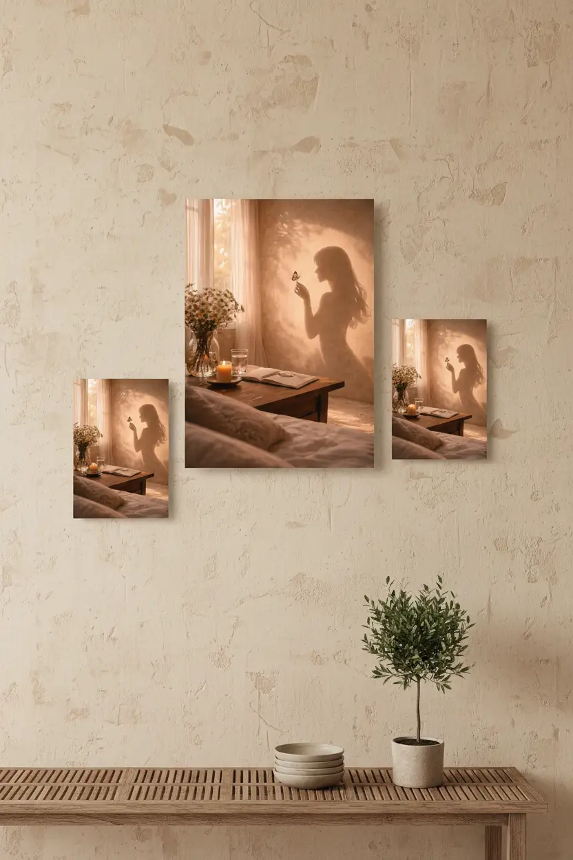 L’Instant Fragile — Affiche murale minimaliste silhouette féminine papillon lumière dorée, affiche murale minimaliste avec cadre bois, décoration murale salon ou chambre, style méditerranéen