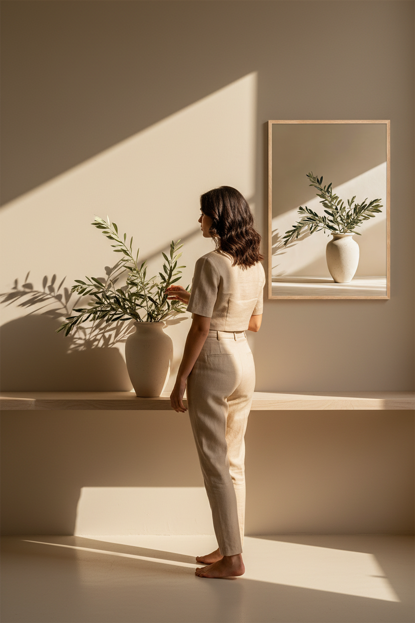 Affiche La Lame de Lumière en grand format dans un intérieur méditerranéen, silhouette devant le mur — vase ivoire et branches d'olivier sous une diagonale de soleil