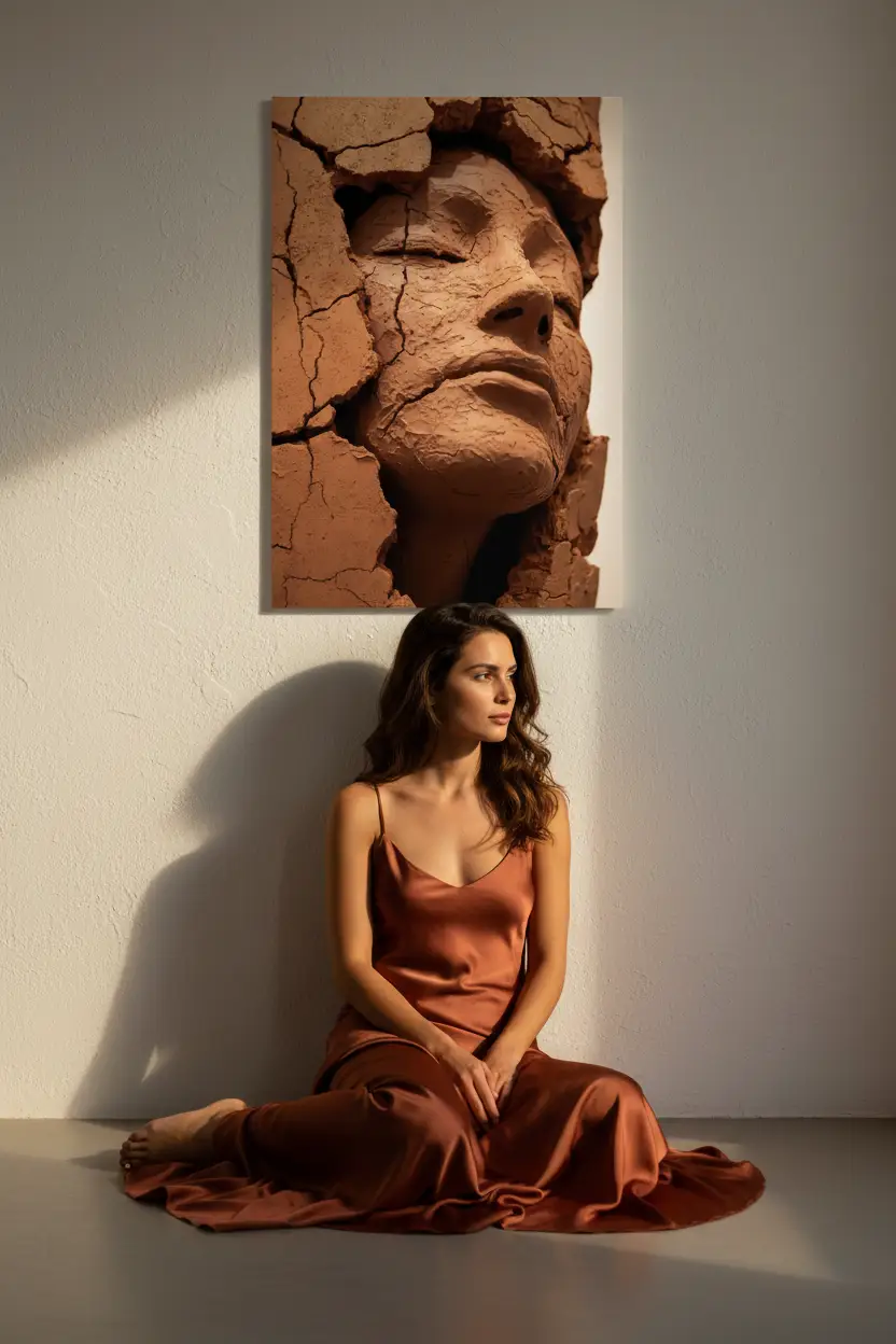 La Femme de Terre — Affiche murale minimaliste terracotta brun visage féminin argile abstrait — affiche murale minimaliste | Cassili-home