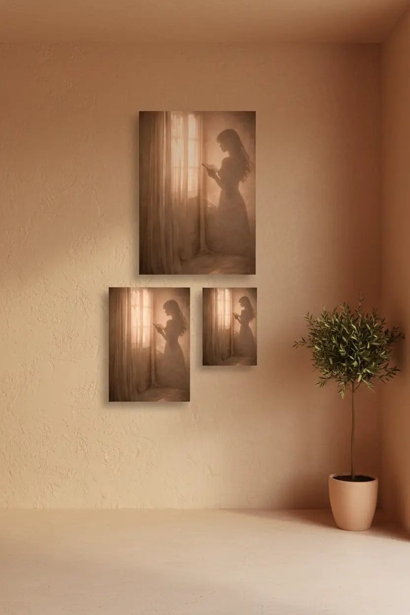 La Fleur Tenue — Affiche murale minimaliste silhouette féminine lumière dorée, affiche murale minimaliste avec cadre bois, décoration murale salon ou chambre, style méditerranéen