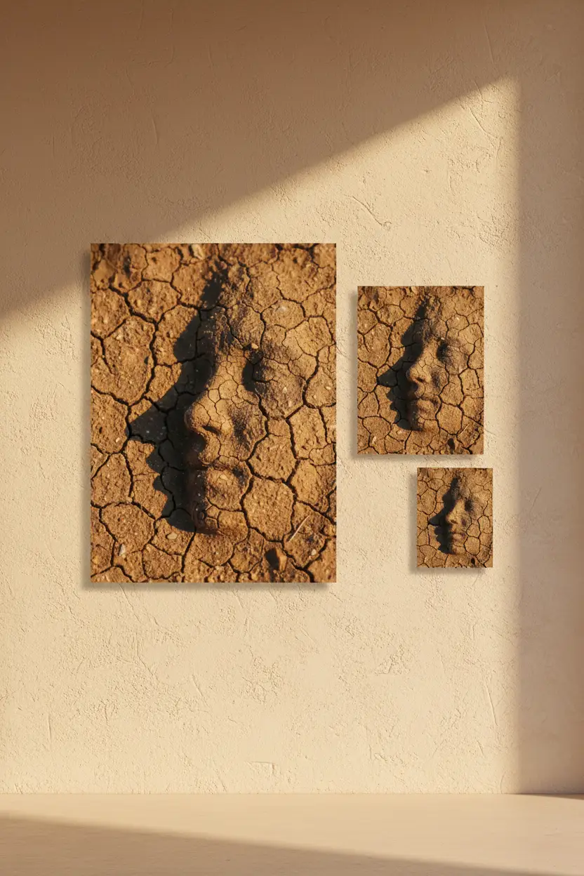 Le Profil de Terre — Affiche murale minimaliste brun ocre visage abstrait, affiche murale minimaliste avec cadre bois, décoration murale salon ou chambre, style méditerranéen