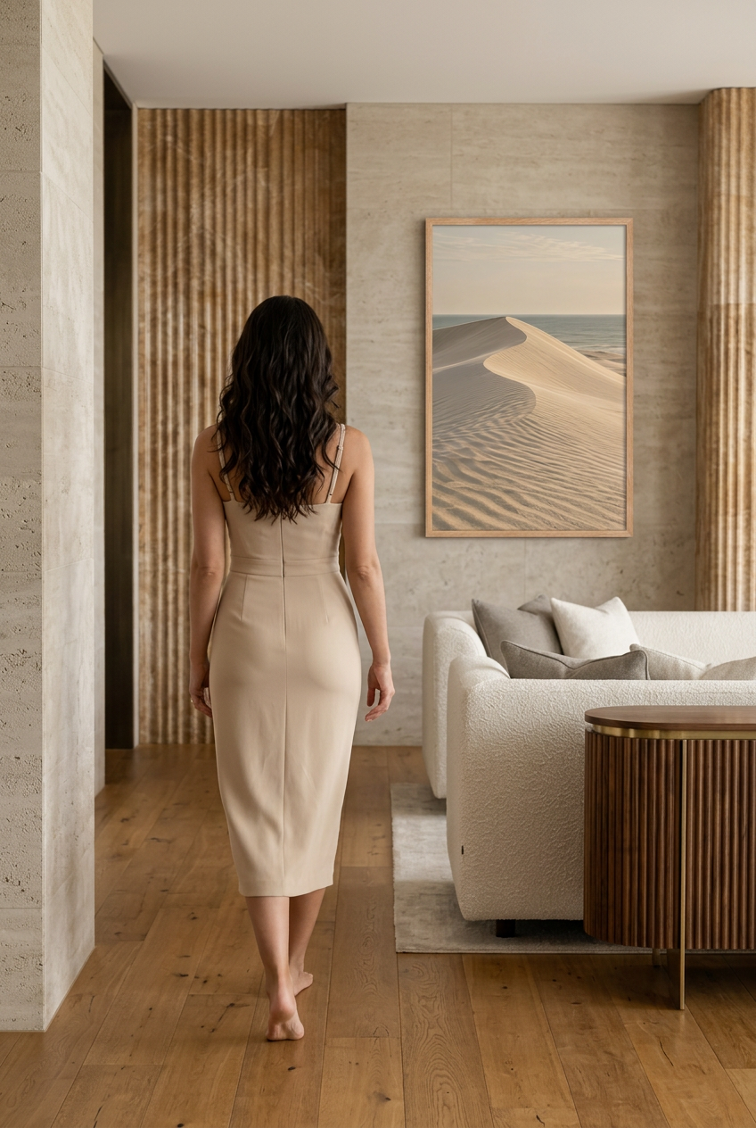 The Sand Crest — poster in an oak frame in a living room, with a woman standing