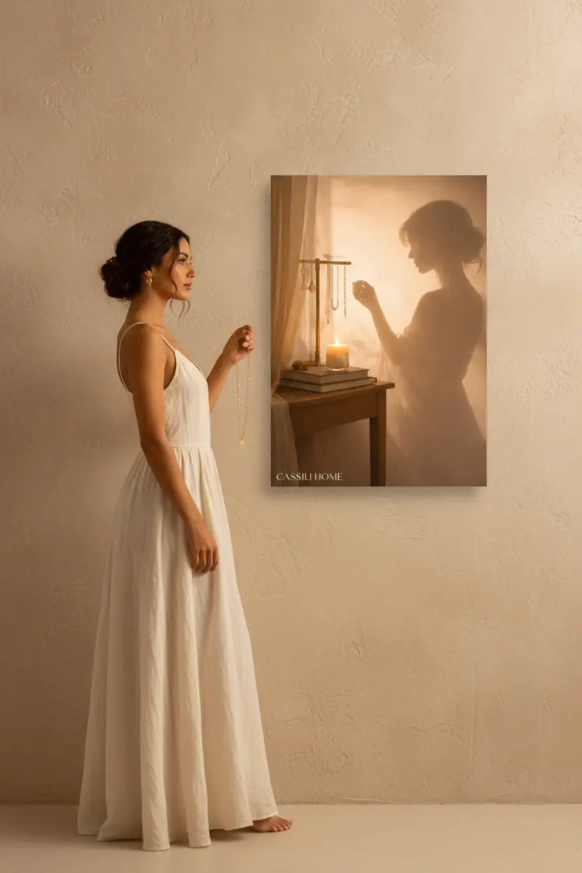 La Parure — Affiche murale minimaliste silhouette féminine lumière dorée, affiche murale minimaliste avec cadre bois, décoration murale salon ou chambre, style méditerranéen