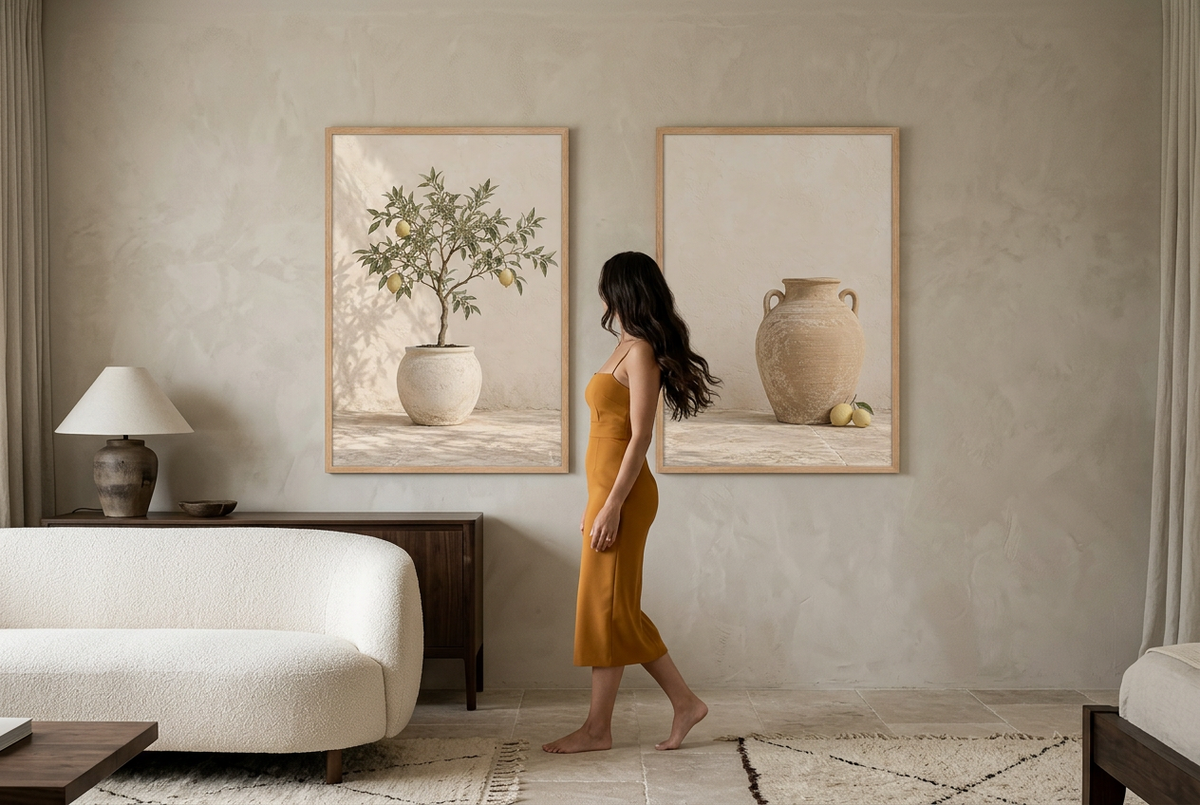 The Patio Lemons — wall diptych in oak frames in a living room, with a woman standing