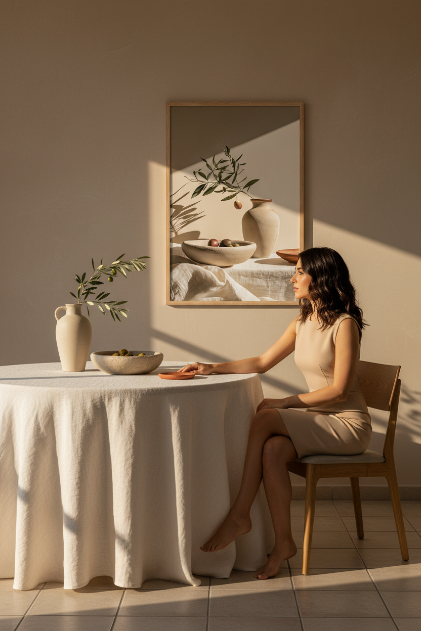 Affiche La Table aux Olives en grand format dans un intérieur méditerranéen baigné de soleil — bol d'olives, lin froissé et vase de terre cuite
