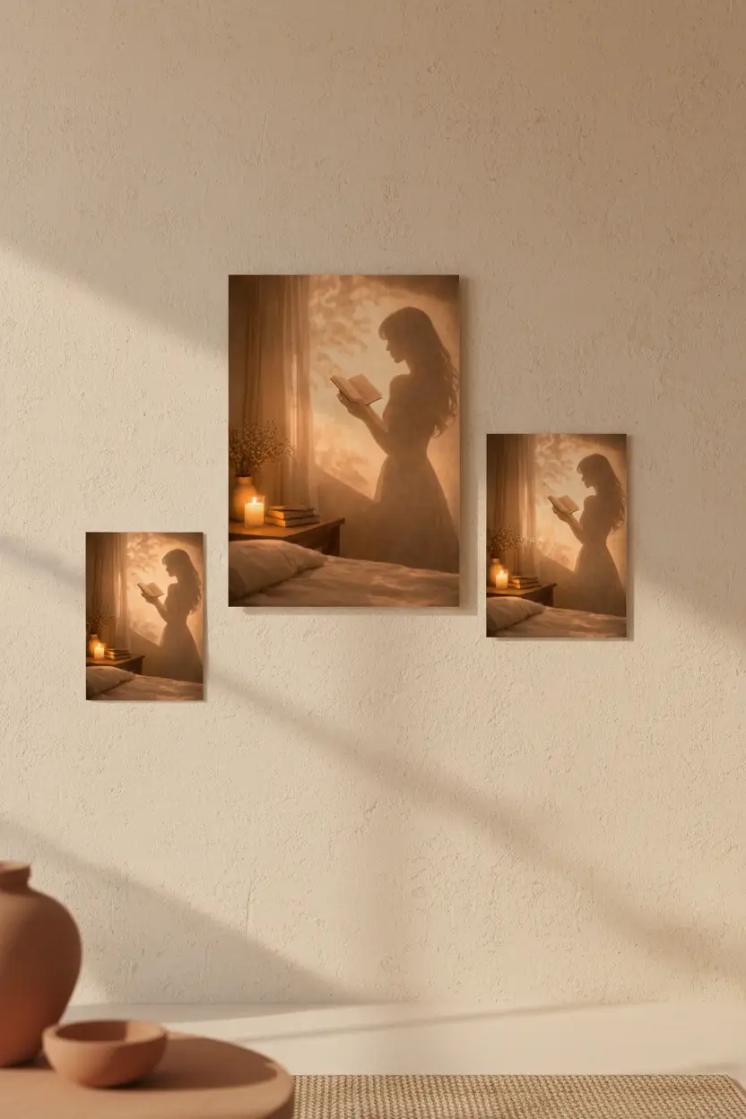 Le Livre du Soir — Affiche murale minimaliste silhouette féminine lumière dorée, affiche murale minimaliste avec cadre bois, décoration murale salon ou chambre, style méditerranéen