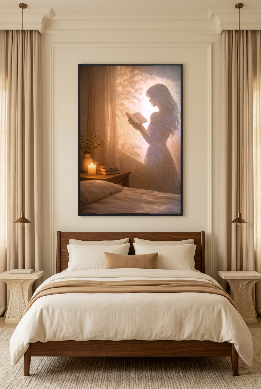Le Livre du Soir — poster con cornice nera in una camera da letto