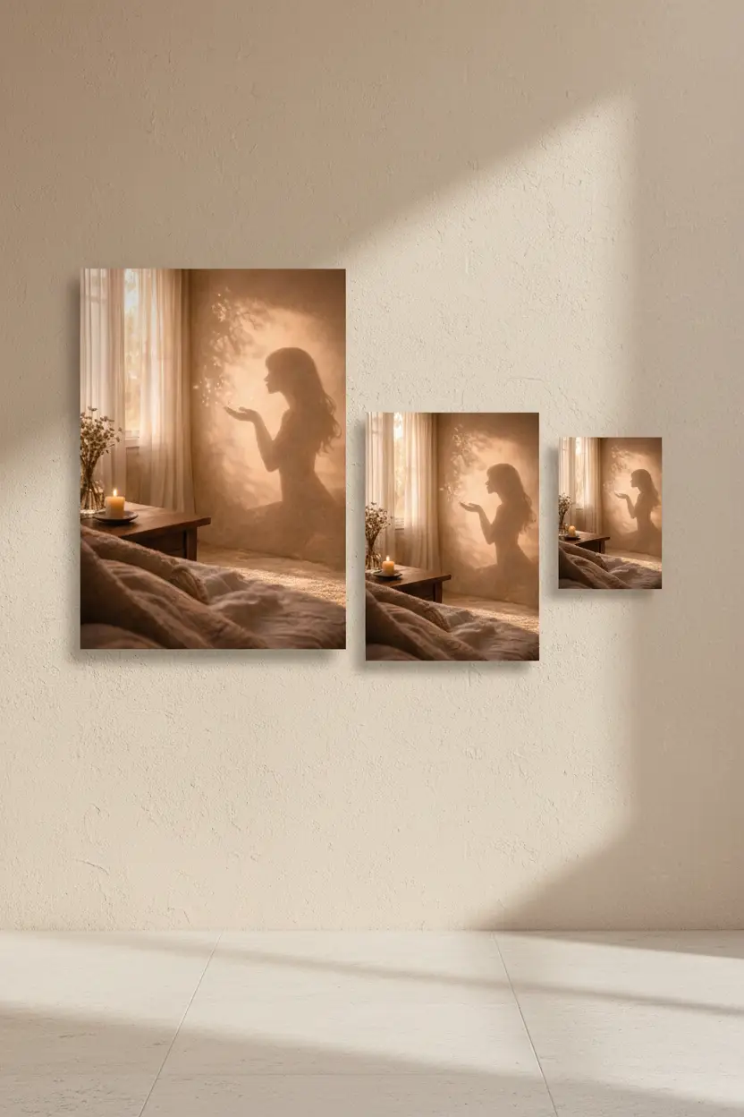 L’Envol — Affiche murale minimaliste silhouette féminine lumière dorée, affiche murale minimaliste avec cadre bois, décoration murale salon ou chambre, style méditerranéen