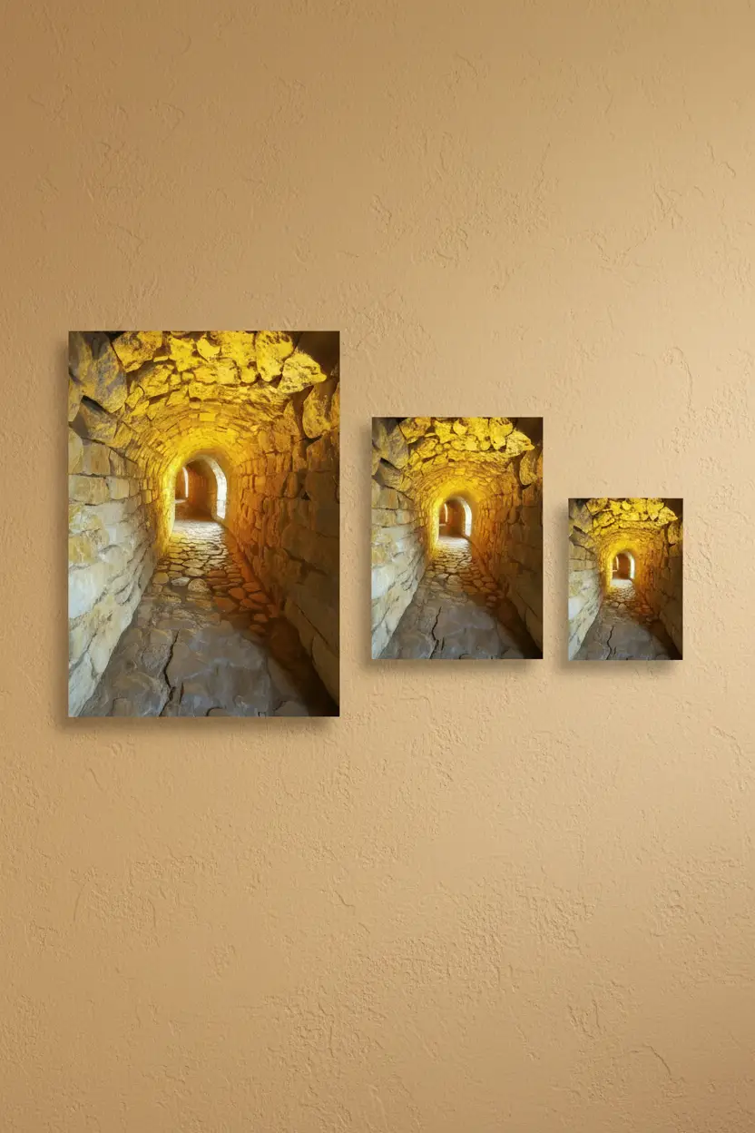 Der Goldene Gang – Minimalistisches Wandbild, ockerfarbenes Gold, gewölbter Korridor