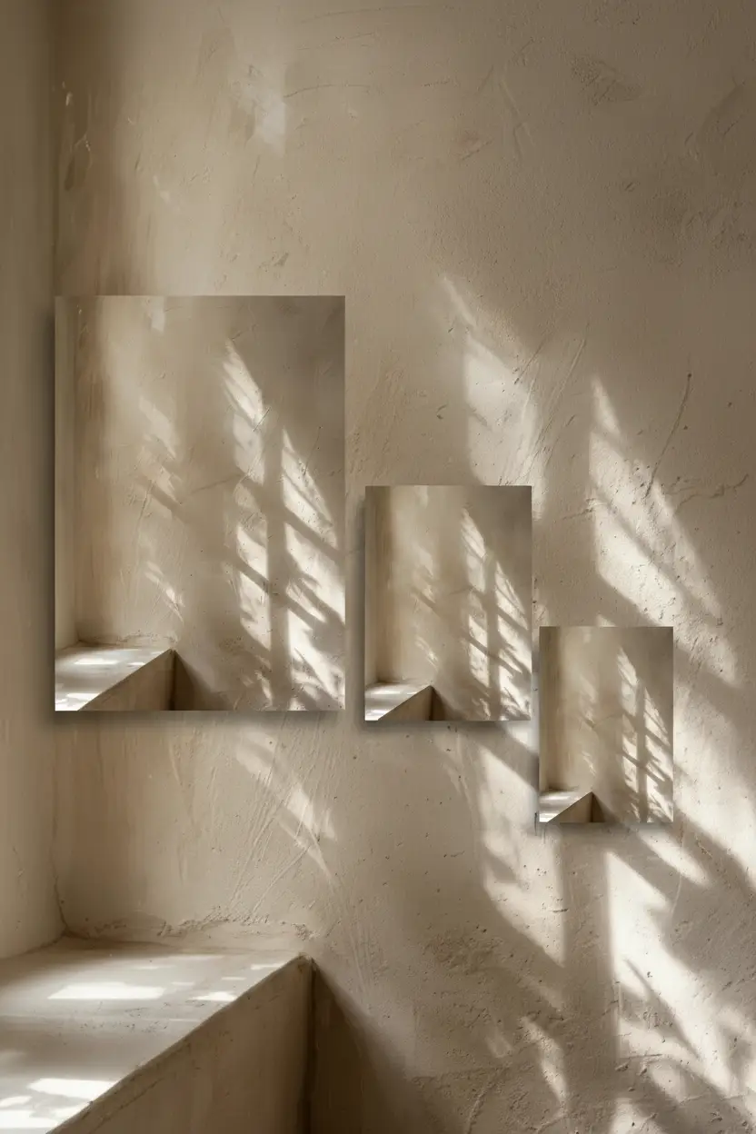 Les Ombres du Soir — Affiche murale minimaliste ombres fenêtre mur enduit sable courbe, affiche murale minimaliste avec cadre bois, décoration murale salon ou chambre, style méditerranéen