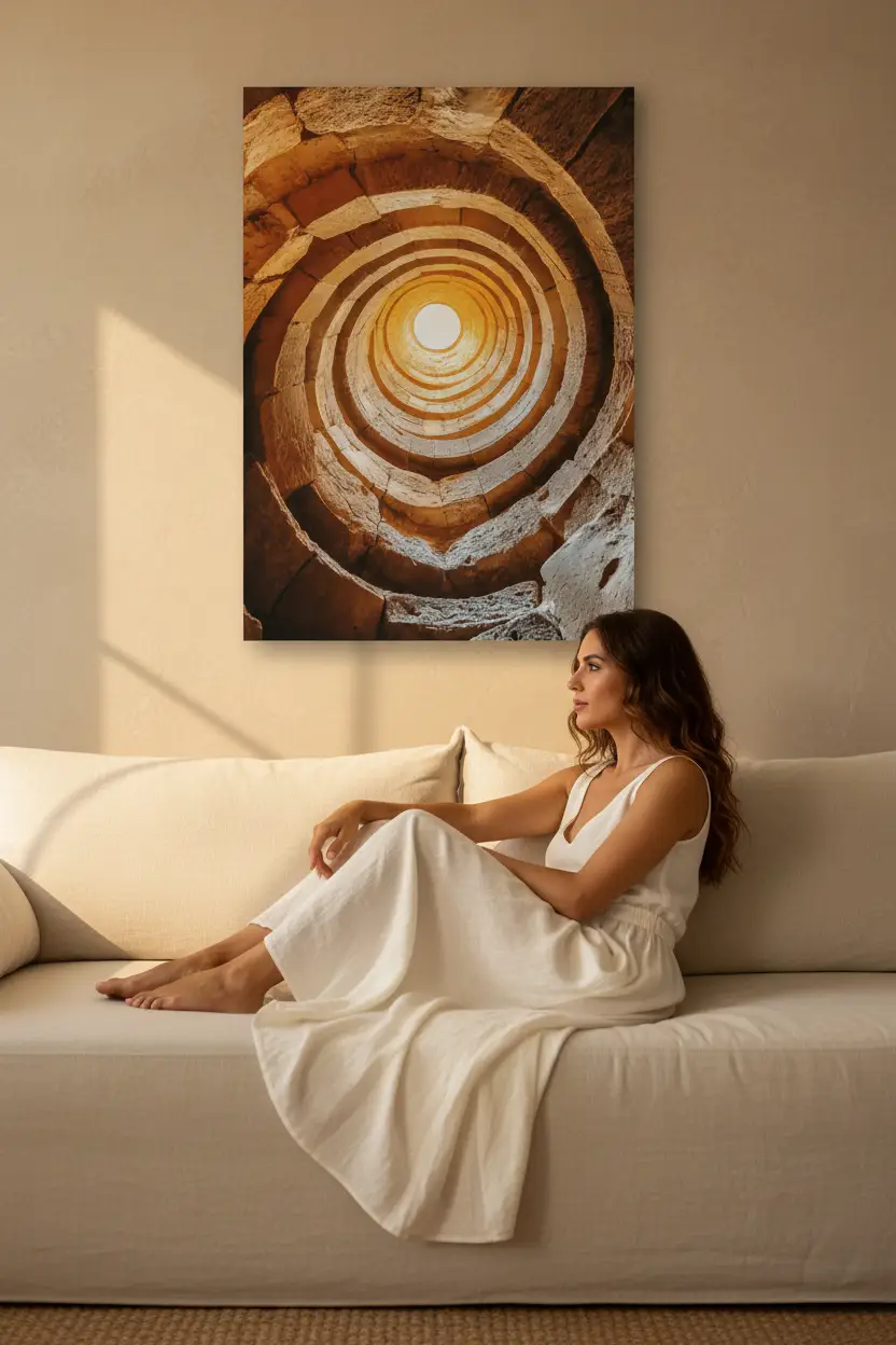 L’Oracle — Affiche murale minimaliste or sable puits pierre lumière divine spirale — affiche murale minimaliste | Cassili-home