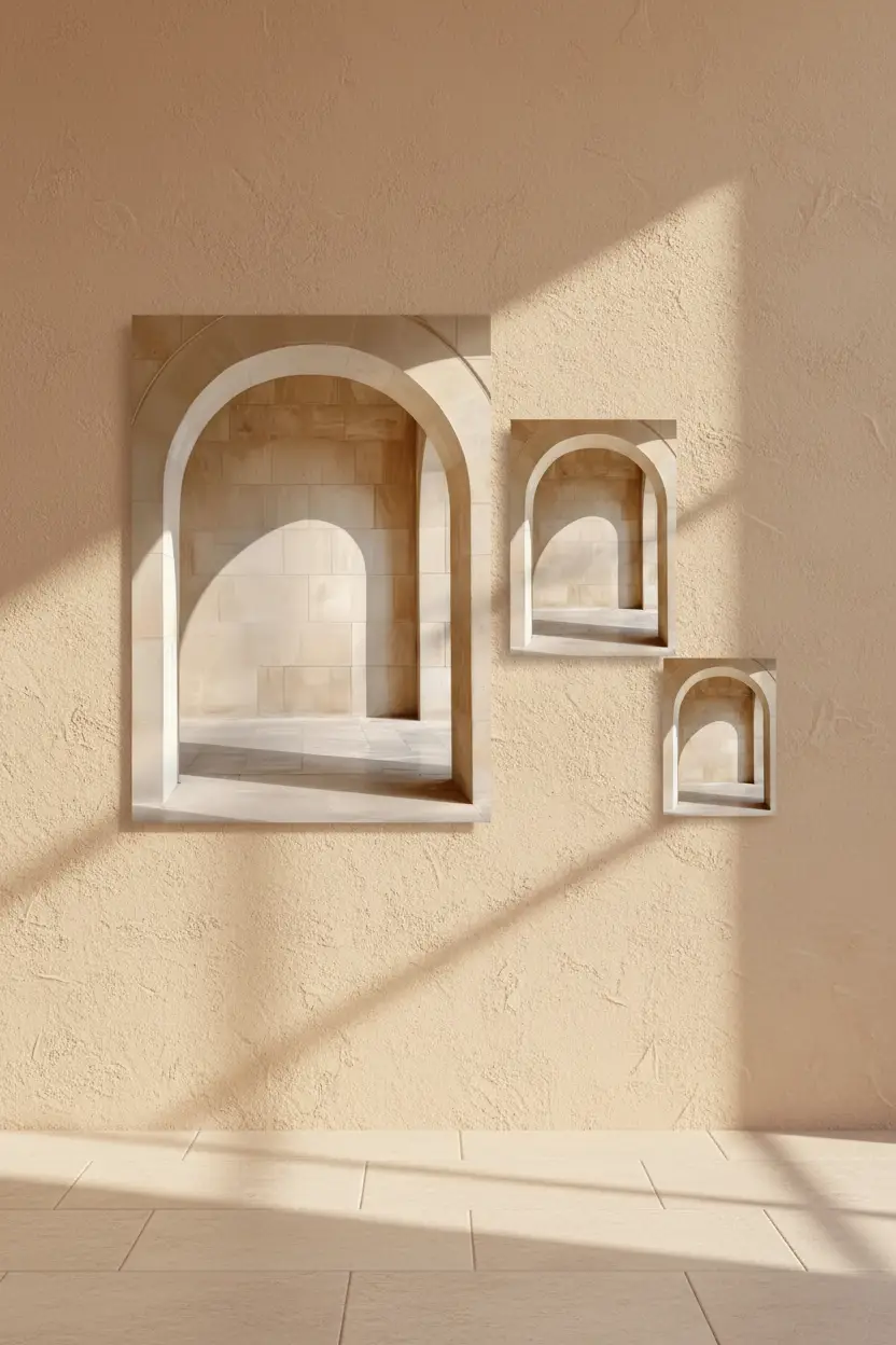 L'Arche et Son Ombre — Affiche murale minimaliste arche pierre calcaire ombre sable ivoire, affiche murale minimaliste avec cadre bois, décoration murale salon ou chambre, style méditerranéen