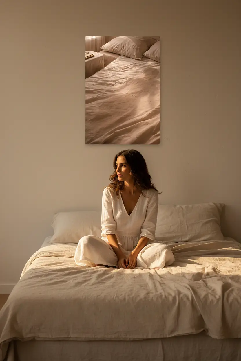 Le Lin du Matin — Affiche murale minimaliste linge beige lumière dorée, affiche murale minimaliste avec cadre bois, décoration murale salon ou chambre, style méditerranéen