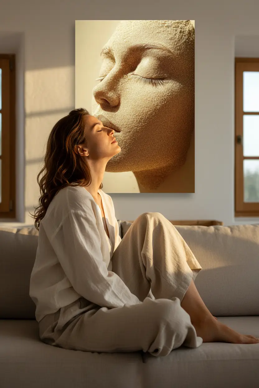 L'Ensablée — Affiche murale minimaliste or sable visage féminin profil abstrait — affiche murale minimaliste | Cassili-home