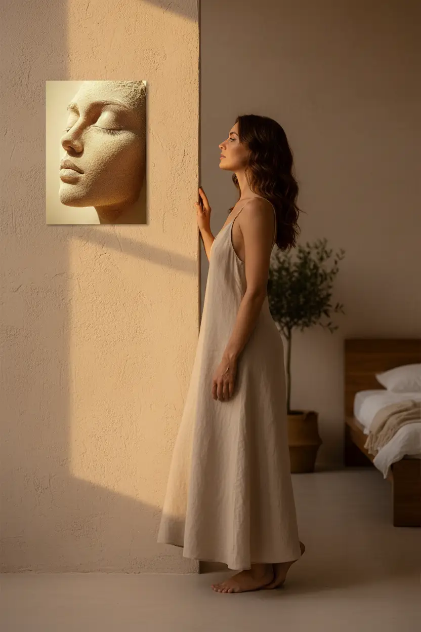 L'Ensablée – Minimalistisches Wandbild in Gold-Sand-Optik, abstraktes Gesicht