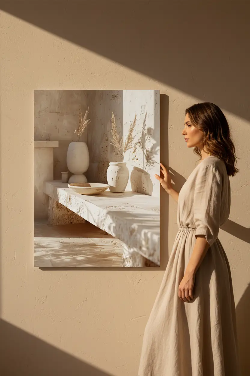 Poster, affiche murale minimaliste avec cadre bois, décoration murale salon ou chambre, style méditerranéen