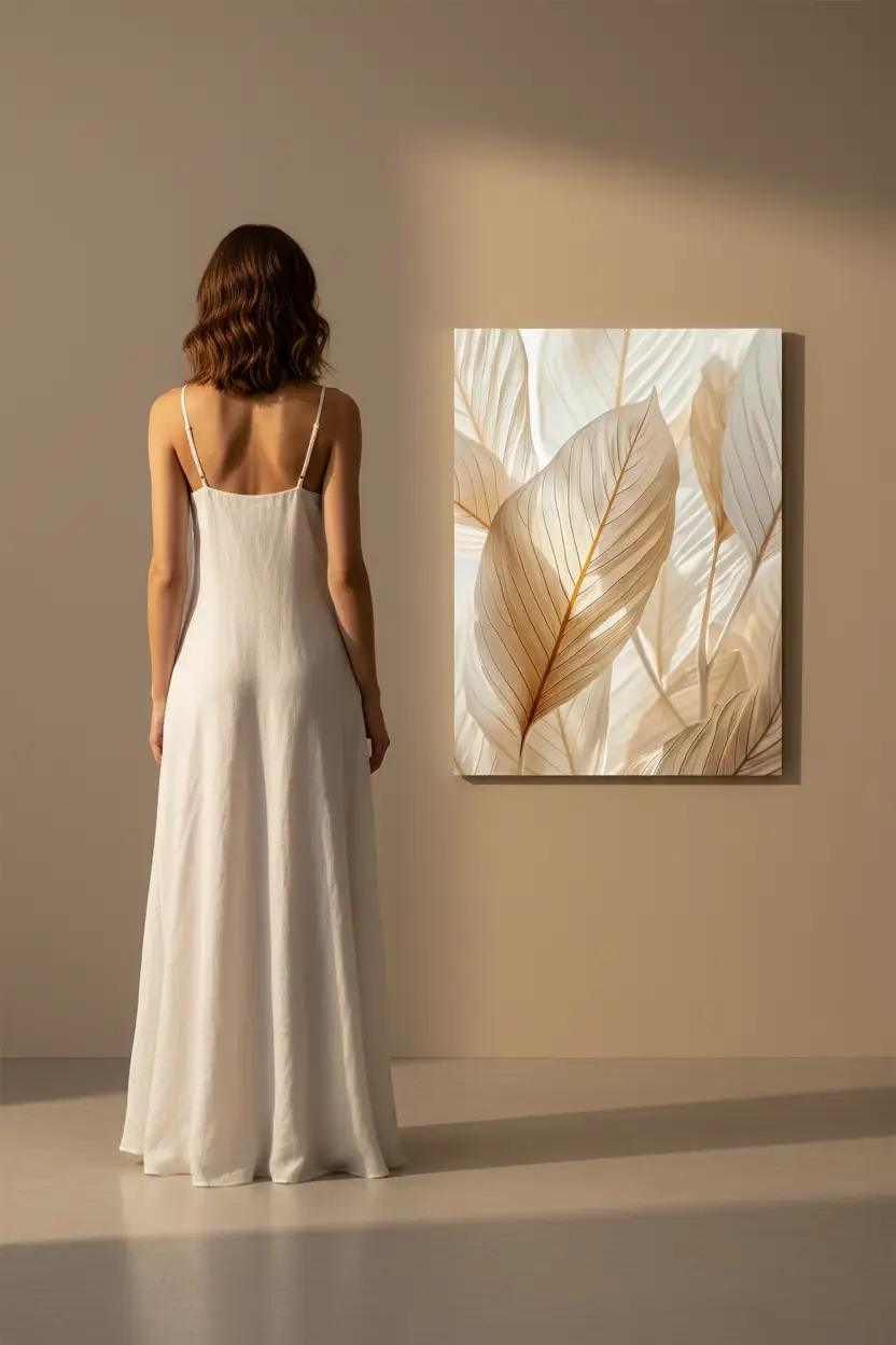 Le Velours Végétal — Affiche murale minimaliste sable ivoire feuilles nervures dorées, affiche murale minimaliste avec cadre bois, décoration murale salon ou chambre, style méditerranéen