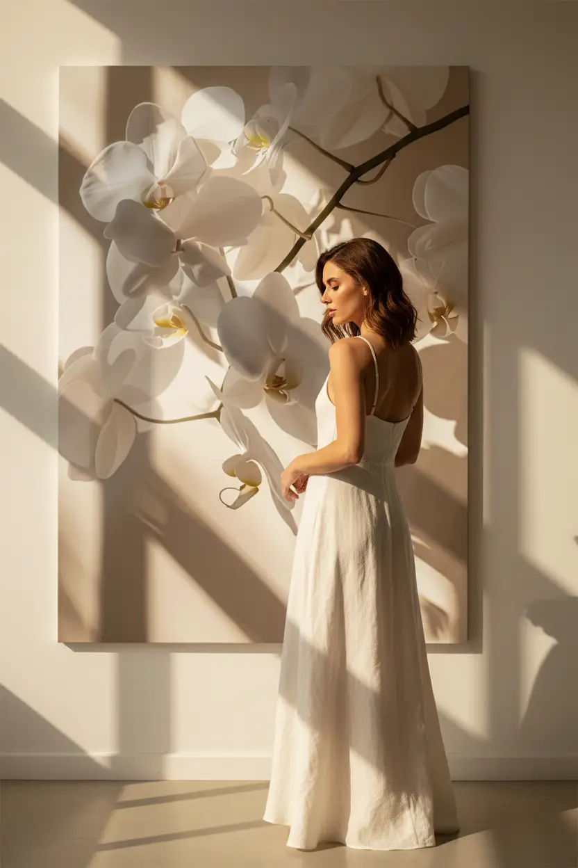 L’Orchidée de Lumière — Affiche murale minimaliste orchidée blanche macro contre-jour ivoire, affiche murale minimaliste avec cadre bois, décoration murale salon ou chambre, style méditerranéen