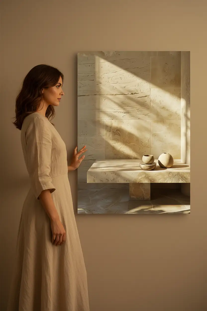 Le Banc de Pierre — Affiche murale minimaliste banc travertin céramiques sable lumière minéral, affiche murale minimaliste avec cadre bois, décoration murale salon ou chambre, style méditerranéen