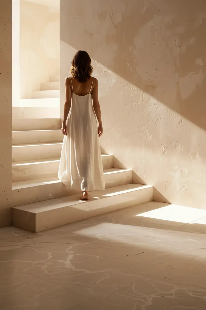 L’Escalier de Sable — Affiche murale minimaliste escalier enduit sable lumière triangle ombres architecture, affiche murale minimaliste avec cadre bois, décoration murale salon ou chambre, style méditerranéen