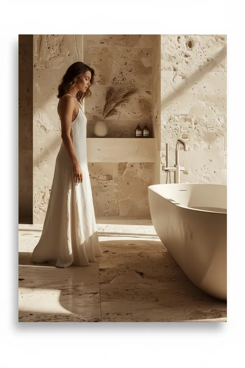 La Niche de Travertin — Affiche murale minimaliste salle de bain travertin brut niche pampa baignoire îlot lumière, affiche murale minimaliste avec cadre bois, décoration murale salon ou chambre, style méditerranéen