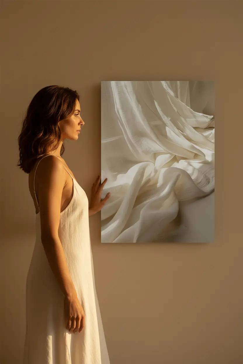 Le Lin Draпé — Affiche murale minimaliste macro tissu lin ivoire drapé vagues fluides texture abstrait, affiche murale minimaliste avec cadre bois, décoration murale salon ou chambre, style méditerranéen