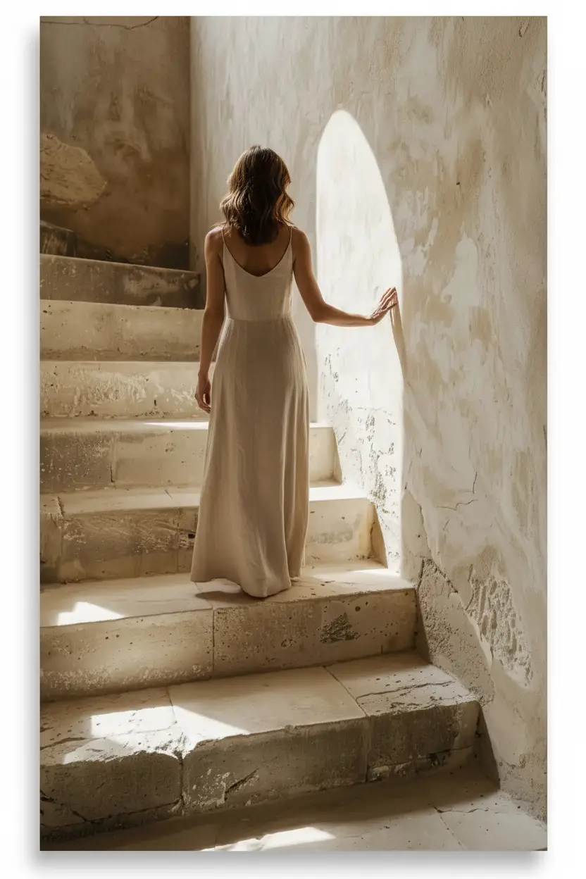 L’Arche de Pierre — Affiche murale minimaliste escalier pierre brute arche lumière architecture, affiche murale minimaliste avec cadre bois, décoration murale salon ou chambre, style méditerranéen