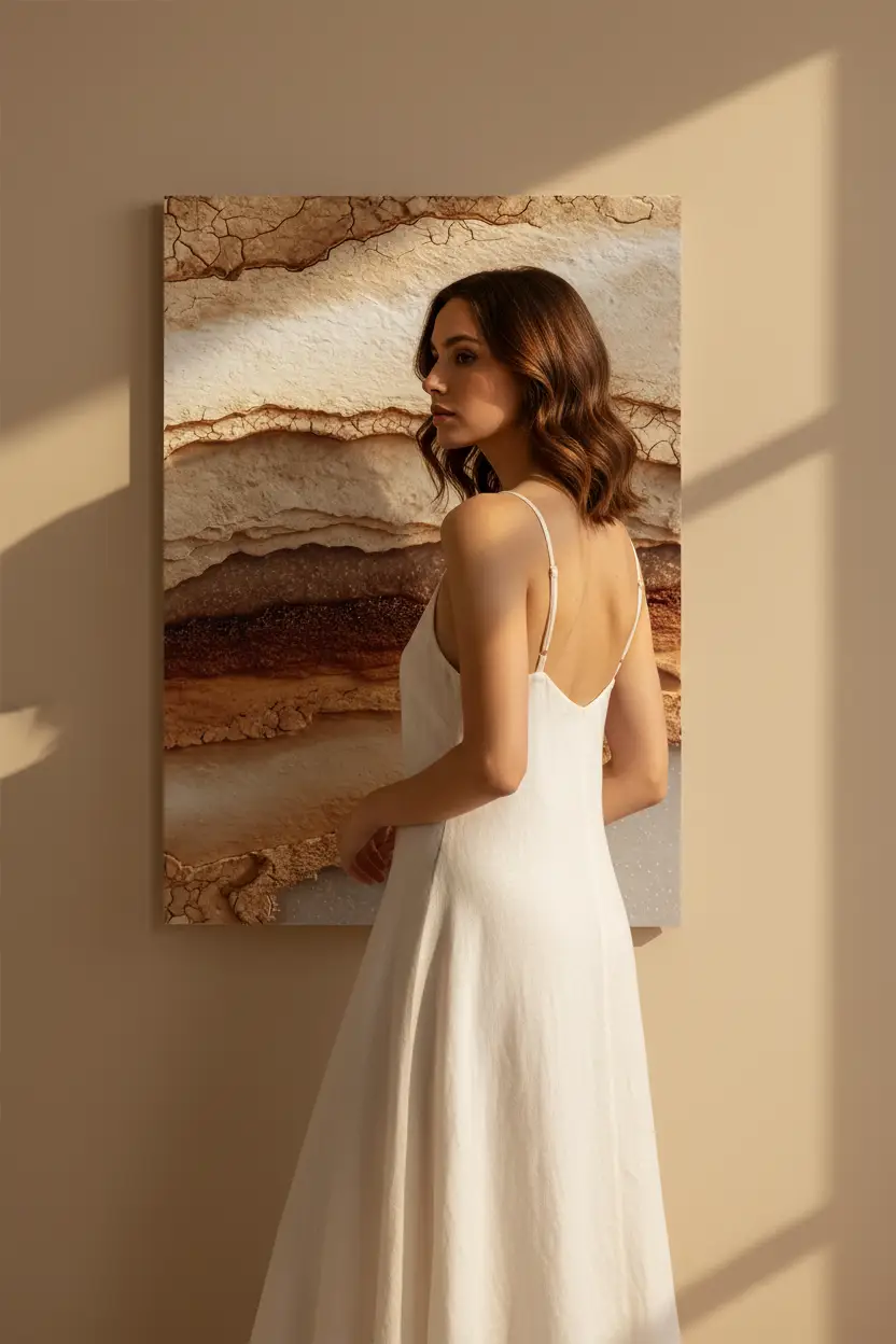 Les Strates de l’Ocre — Affiche murale minimaliste macro strates sédimentaires grès ocre brun lumière rasante minéral, affiche murale minimaliste avec cadre bois, décoration murale salon ou chambre, style méditerranéen