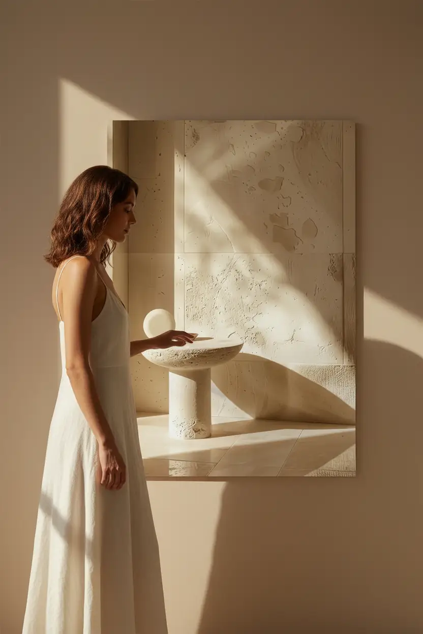 L’Autel de Pierre — Affiche murale minimaliste travertin table sculpturale sphère ivoire minéral, affiche murale minimaliste avec cadre bois, décoration murale salon ou chambre, style méditerranéen